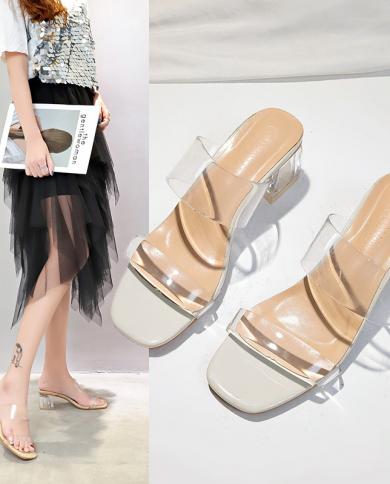 נעלי בית שקופות גבוהות נשים סנדלים נעלי קיץ אישה משאבות חתונה גלי נעלי עקב מרובעות אופנה קזואל חיצוני החלקה