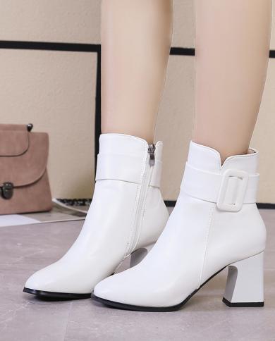 White Black Thick High Heel Ankle Boots Women  Pointed Toe Keep Warm Elegant Short Booties Ladies Ankle Buckle Decoratio
