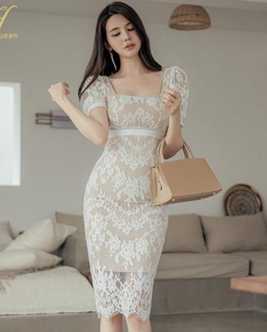 H Han Queen elegante vestido de encaje de verano 2022 para mujer vestidos de oficina de ganchillo ahuecado Casual trabajo ceñido