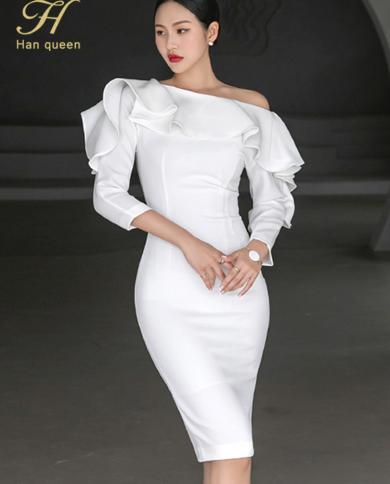 H Han Queen  Autumn White Long Sleeve Sheath Pencil Dress Elegant Simple Bodycon Office Vestidos Slim Casual Party Dress