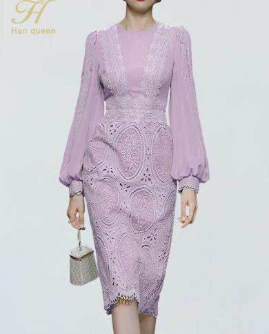 H Han Queen Autumn Elegant Fashion O Neck Vintage Pencil Dress Womens Simple Bodycon Lace Dresses Casual Party Office Ve