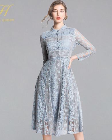 H Han Queen New Arrival  Spring Lace Dress Fashion Vintage Floral Hollow Out Luxury Elegant Slim Women Evening Party Dre