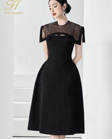 H Han Queen Summer Dresses Womens  Retro Oneck Aline Black Vestidos Elegant Fashion Slim Midi Office Party Casual Dress 
