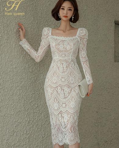 H Han Queen 2022 New Womens Simple Vintage Lace Dresses Elegant Fashion Office Pencil Sheath Dress Elegant Slim Bodycon 