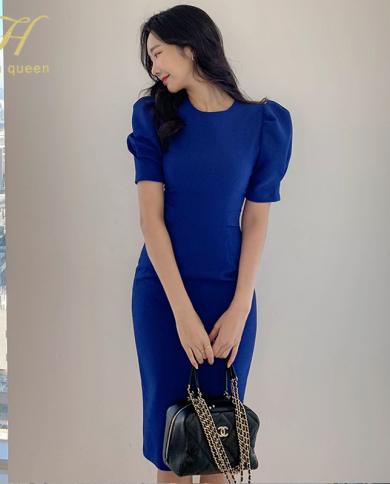 H Han Queen Hot Sale Summer Simple Formal Office Lady Work Dress Elegant Blue Solid Puff Sleeve Lace Up Slim Pencil Dres