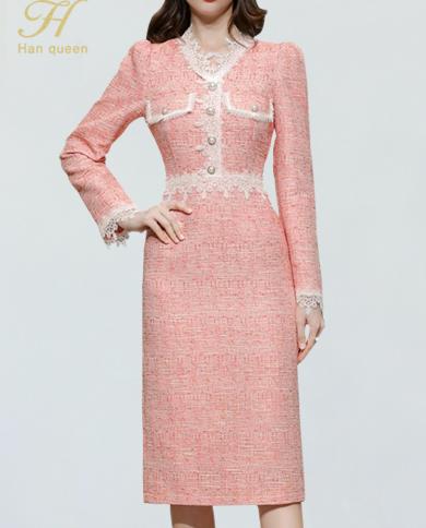 H Han Queen Autumn Winter Elegant Fashion Lace Patchwork Pencil Dress Simple Series Dresses Women  Office Casual Vestido