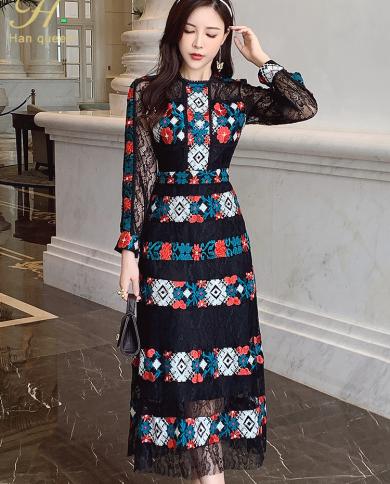 H Han Queen New Autumnwinter Embroidery Elegant Lace Dress Womens Simple Slim A Line Dresses Casual Party Office Wear V