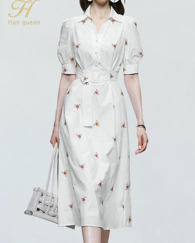 H Han Queen New Embroidered Womens Dresses Aline Summer Vestidos Vintage Elegant Slim Simple Casual Office Party Shirt 