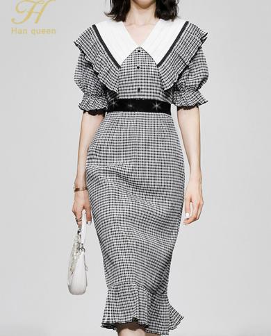 H Han Queen Summer Dresses Women 2022 Lantern Sleeve Slim Stitching Plaid Vintage Casual Simple Fashion Ruffled Fishtail