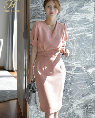 H Han Queen Summer Sheath Pencil Dress Elegant Simple Fashion V Neck Bodycon Vestidos Knee Length Casual Party Office Dr