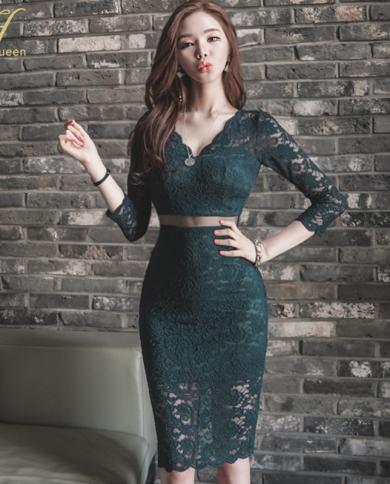 H Han Queen New  Perspective Lace Women Dresses Fashion Hollow Out  Bodycon Dress Simple Office Casual Party Vestidosdre