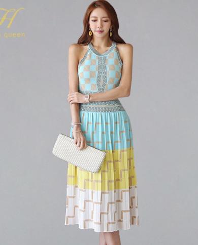 H Han Queen Elegant Halter Knitted Jacquard A Line Dress Women Summer Multi Color Stretch Dresses  Bohemian Swing Vestid
