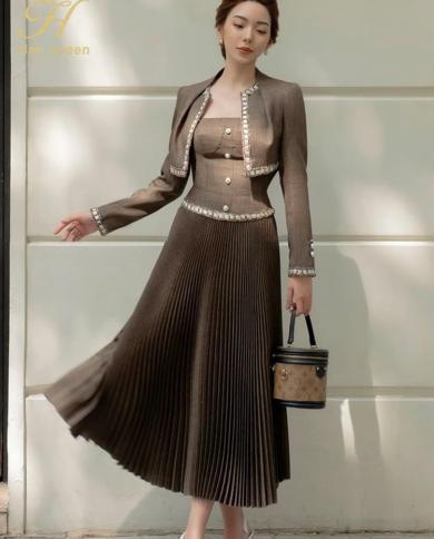 H Han Queen 2022 Autumn Winter Vestidos  2 Pieces Fashion Professional Dress Womens Pleated Dresses Casual Office Dress