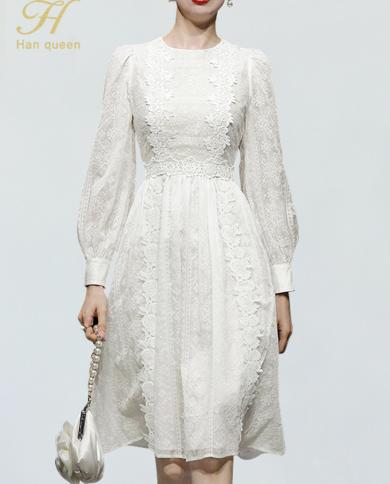 H Han Queen New Autumn Fashion Puff Sleeve Casual Vestidos Vintage Dress Elegant A Line Simple Series Women White Party 