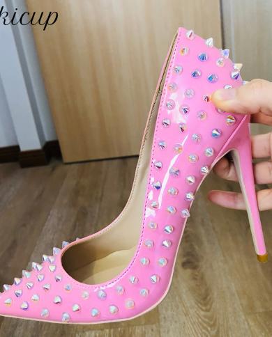 Tikicup Crystal Spikes Women Pink Patent Pointy Toe Stiletto Pumps 8cm 10cm 12cm High Heels Rivets Studs  Ladies Party S