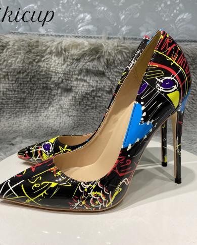 Tikicup  Colorful Graffiti Women Patent High Heels Black Pointy Toe Stilettos Ladies Slip On Pumps Fashion Party Dress S