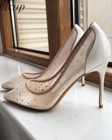 Tikicup Summer Women White Gauze Mesh Pointy Toe High Heel Wedding Shoes With Rhinestones Elegant Ladies Stiletto Pumps 
