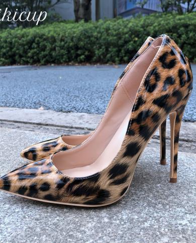 Tikicup Women Leopard Patent Pumps Slip On Pointed Toe Stilettos Comfortable Ladies  High Heels Italian Party Dress Shoe