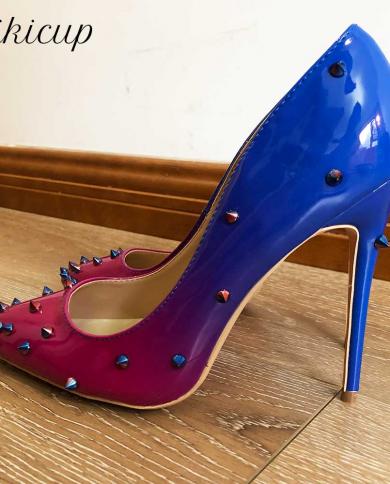 Tikicup Blue Purple Gradient Women Patent Pointed Toe Stiletto Pumps With Spikes  Ladies Party Club Dress Shoes Big Size