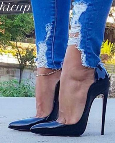 Tikicup Women Wave Cut Solid Black Patent Pointy Toe Stiletto Pumps 8cm 10cm 12cm High Heel Dress Shoes For Elegant Ladi