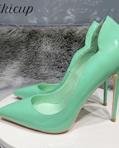 Tikicup Mint Green Side V Cut Women Patent Leather Pointy Toe High Heel Shoes Celebrity Ladies Designer Stiletto Pumps 8