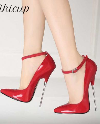 Tikicup Red Patent 16cm Ultra High Metal Heels Women Ankle Strap Stiletto Pumps Pointed Toe Wild  Crossdress Shoes  Pump