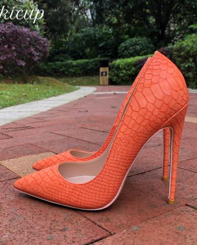 Tikicup  Orange Croceffect Women Pointy Toe High Heels 12108cm Slip On Stilettos Pumps Ladies Party Dress Shoes 3445  
