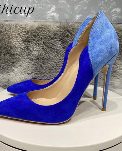 Tikicup Contrast Blue  Women Synthetic Suede Pointy Toe High Heel Party Dress Shoes V Side Cut  Stiletto Pumps Customiza