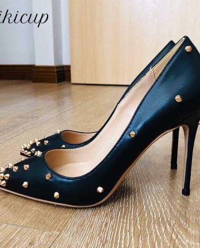 Tikicup Women Black Matte Pointed Toe High Heel Shoes With Metal Studs  Spikes Ladies Slip On Party Dress Stiletto Pumps