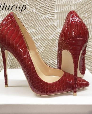 Tikicup Burgundy Croceffect Women  Patern Stiletto High Heels Slip On Pointy Toe Chic Pumps Elegant Ladies Party Shoes  