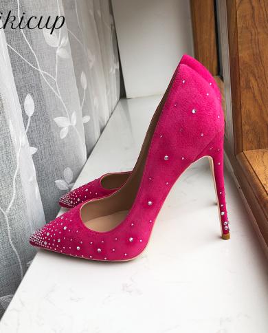 Tikicup Glitter Diamante Women Rose Pink Flock Pointy Toe High Heel Wedding Bridal Shoes Elegant Stiletto Pumps Customiz
