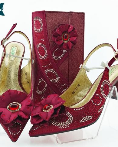 Latest Red Color Italian Design Ladies Shoes And Bag Set Decorated With Rhinestone Nigerian Women Wedding Shoes With Bag