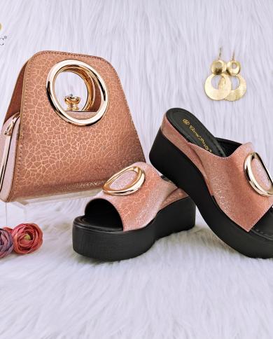 Qsgfc New Elegant And Cute Peach Pink Water Pattern Matte Surface With Waterproof Platform Ladies Sandals Shoes Bag Set