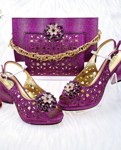 Qsgfc Newest Purple Color African Fashion Fashion Hollow Design Triangular Shaped Heel Comfortable Ladies Shoes And Bag 
