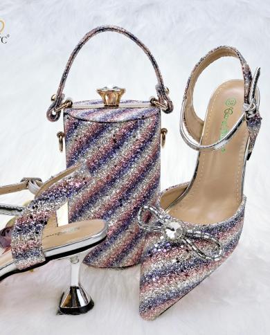 Qsgfc 2022 The Latest Colorful Striped Sequins With High Waist Bucket Bag Elegant Purple Color Pointed High Heels Shoe B