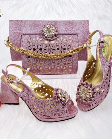 Qsgfc Newest Pink Color Nigerian Popular Style Hollow Design Elegant And Fashion Banquet Ladies Shoes And Bag Set