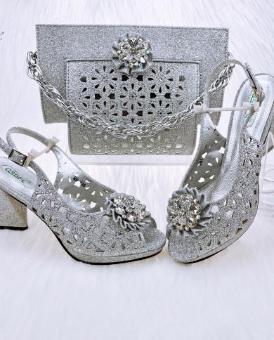 Qsgfc Newest Silver Fashion Elegant High Heels Nigeria Popular Cutout Design African Ladies Shoes And Bag Set