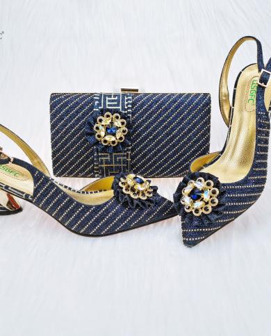 Qsgfc Latest Nblue Color Atmospheric Low Key Chinese Pattern With Rhinestones Party Ladies Shoes And Bag Set
