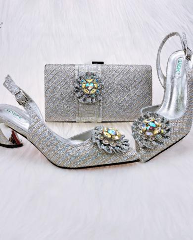 Qsgfc Latest Silver Comfortable And Beautiful Pointed High Heels With The Same Color Square Bag Party Womens Shoes And 