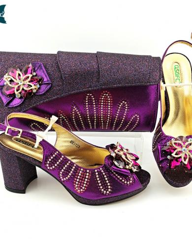  Summer Italian Design Hot Selling Colorful Rhinestone And Metal Decoration Party Women Shoes And Bag Set In Purple Colo