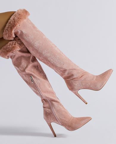Women Boots Sequin Cloth High Heels  Pointed Toe Thin Heels Over The Knee Long Boots Winter Warm Zip Party Plus Size Sho