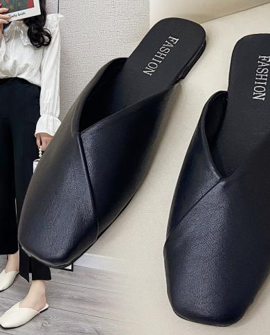 2022 Summer Elegant Square Closed Toe Ladies Mules Flat Slippers Casual Fashion Home Slippers Fashion Shoes  Summer Slip