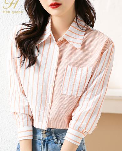 H Han Queen Autumn  Basics Womens Vintage Color Block Stripes Tops Casual Chiffon Blouse Work Wear Office Shirts Female