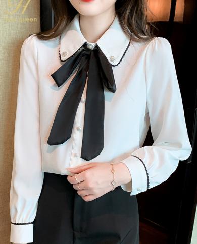 H Han Queen New Blusas Contrast Bow Beads Womens Blouses Vintage Work Casual Tops Chiffon Blouse Elegant Loose Shirts F
