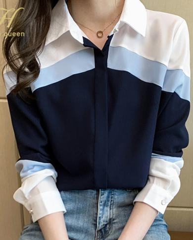 H Han Queen  New Autumn Women Vintage Color Contrast Ladies Tops Chiffon Long Sleeve Casual Blouse Female Work Office Sh