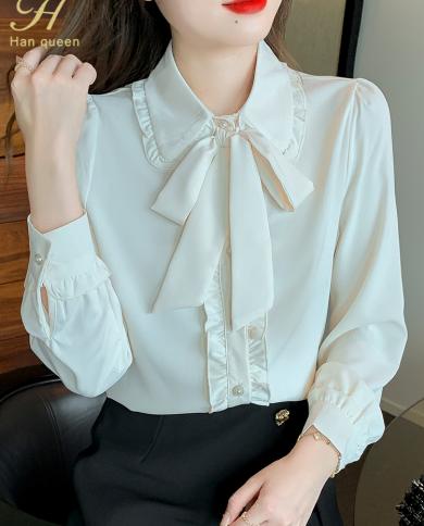H Han Queen New Simple Autumn Chiffon Blouse Womens Elegant Single Breasted Bow Shirts Office Work Blouses Vintage Loos