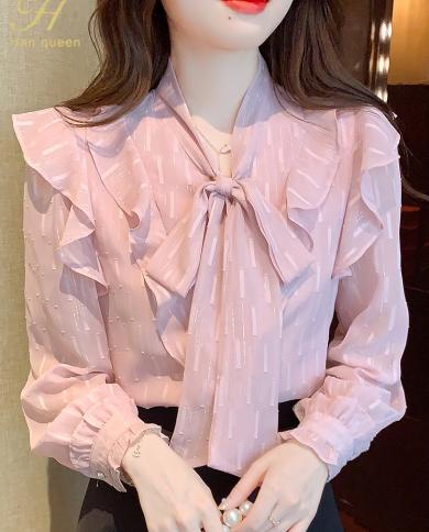 H Han Queen New Autumn Tops Loose Lace Up Bow Long Sleeve Chiffon Blouse Work Casual Blouses Womens Business Vintage Sh