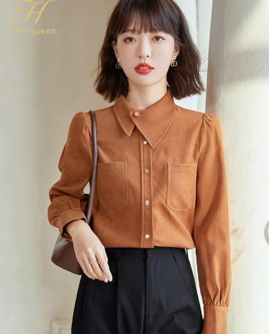 H Han Queen New Female Clothing Pocket Shirt Women Blouse Vintage Casual Tops Chiffon Blouse Long Sleeve Loose Business 