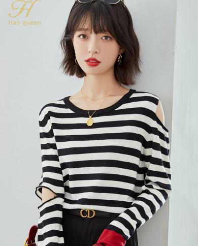 H Han Queen Elegant  Fashion O Neck Striped Knit Shirts Women Off The Shoulder Loose Vintage Blouse Female Blouses Casua