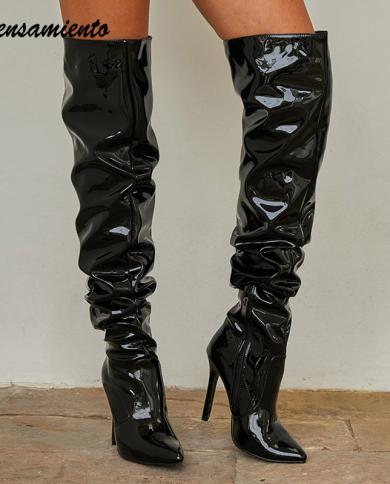 Runway Style Womens Over The Knee Boots Fashion Patent Leather Stiletto High Heels Female Long Boots Autumn Winter Boot